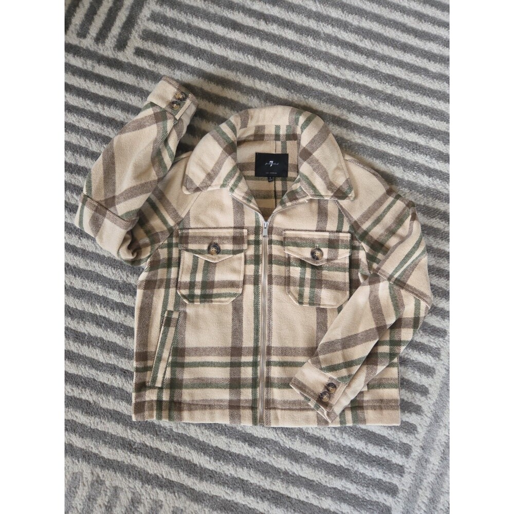 7 For All Mankind Cream Plaid Flannel Crop Barn Jacket Size S